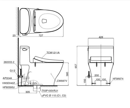 Bàn Cầu TOTO MS887RE2 (MS887E2) Một Khối Nắp Cơ ảnh 3