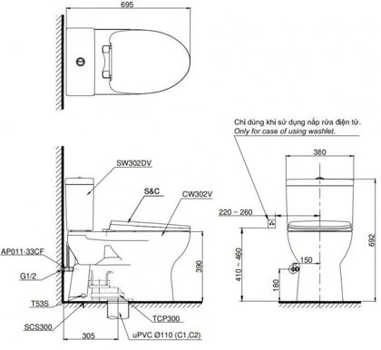 Bồn Cầu TOTO CS302DE2 2 Khối Nắp Cơ TCW07S ảnh 2