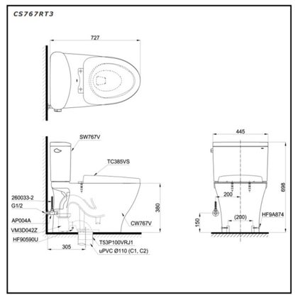 Bồn Cầu TOTO CS767RT2 (CS767T2) Hai Khối Nắp TC393VS ảnh 2
