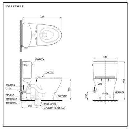 Bồn Cầu TOTO CS767RT8 (CS767T8) 2 Khối Nắp TC600VS ảnh 2