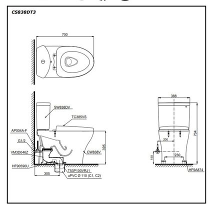 Bồn Cầu TOTO CS838DT3 Hai Khối Nắp TC385VS ảnh 2