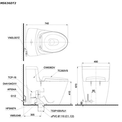 Bồn Cầu TOTO MS636DT2 1 Khối Nắp TC393VS ảnh 3