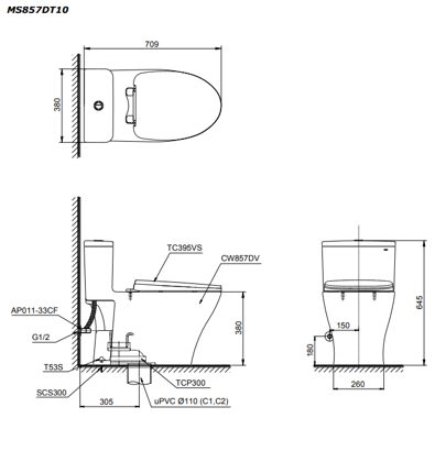 Bồn Cầu TOTO MS857DT10 1 Khối Nắp TC395VS ảnh 3