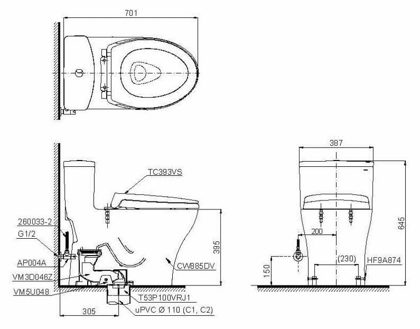 Bồn Cầu TOTO MS885DT2 1 Khối Nắp TC393VS ảnh 3