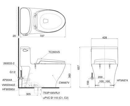Bồn Cầu TOTO MS887RT2 (MS887T2) 1 Khối Nắp TC393VS ảnh 3