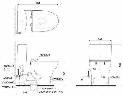 Bồn Cầu TOTO MS889DRT3 (MS889DT3) Một Khối Nắp TC385VS ảnh 3