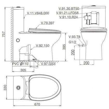 Bồn Cầu Viglacera V848 Xả Xoáy Nắp V39 + Xịt VG826